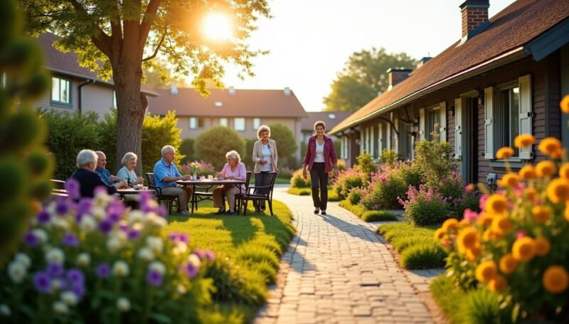 Un groupe de personnes âgées est assis et discute autour de tables dans une cour-jardin, tandis que d'autres se promènent à proximité et que des fleurs colorées bordent l'allée, par une journée ensoleillée dans une résidence pour seniors.