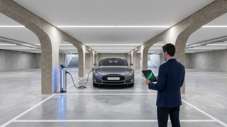 Un investisseur regarde une tablette avec un graphique haussier devant une voiture électrique en charge dans un parking.