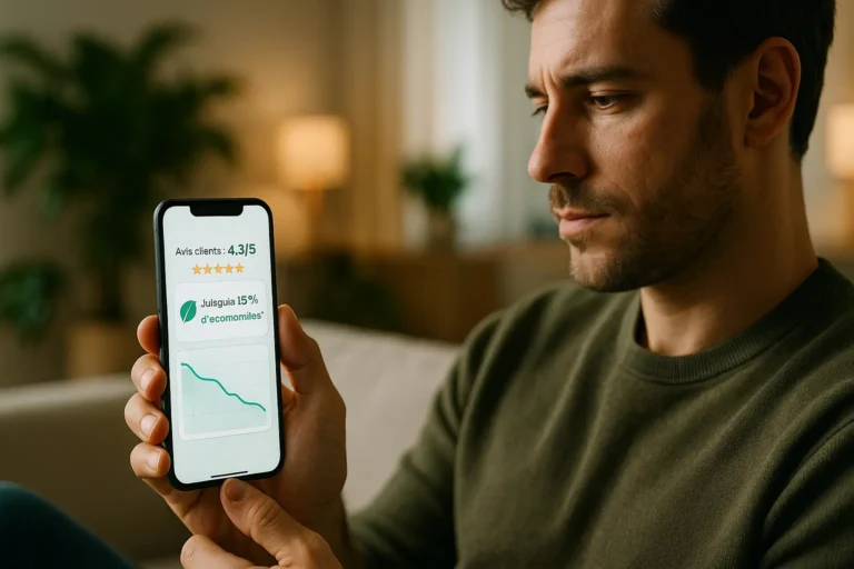 Un homme regarde un smartphone affichant une évaluation, un message d'économie de 15 % et un graphique de tendance à la baisse.
