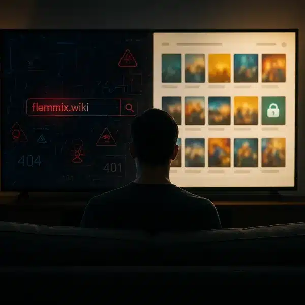 Une personne est assise sur un canapé face à deux grands écrans ; l'un affiche une recherche sur "flemnix.wiki" avec des symboles d'avertissement, l'autre affiche des images floues avec une icône de cadenas.