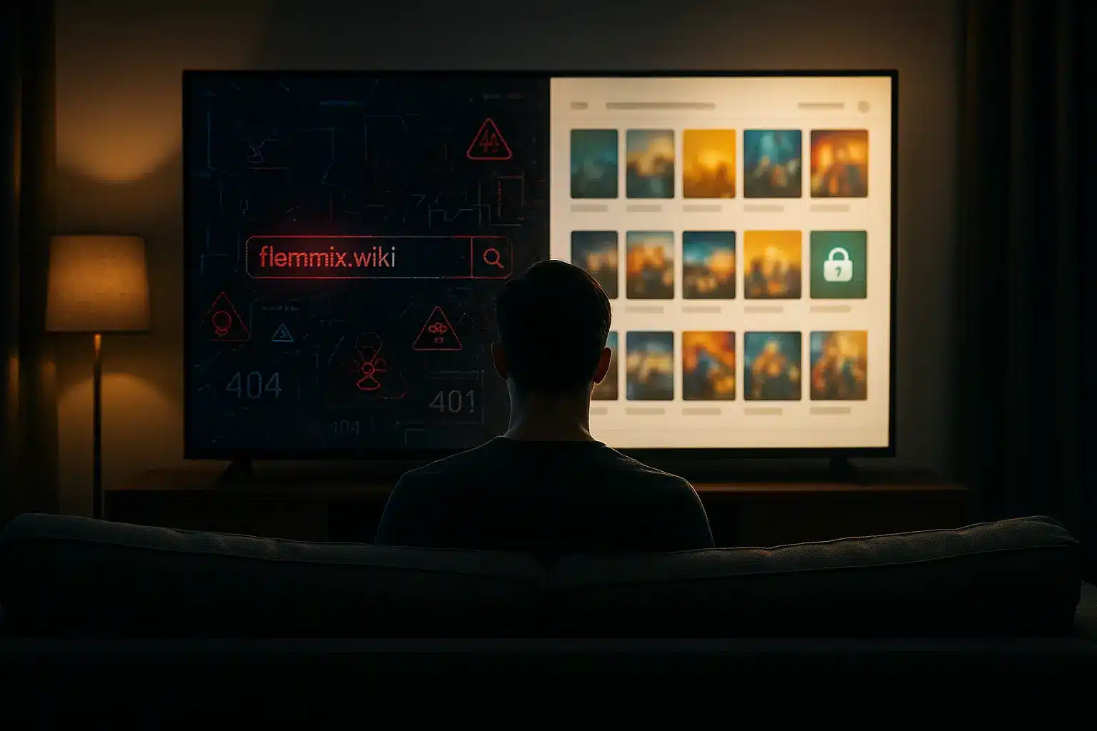 Une personne est assise sur un canapé face à deux grands écrans ; l'un affiche une recherche sur "flemnix.wiki" avec des symboles d'avertissement, l'autre affiche des images floues avec une icône de cadenas.