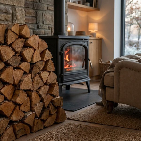 Cozy living room with stacked firewood, a glowing wood stove, and a person in an armchair looking out a winter window.