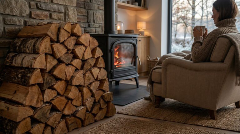 Cozy living room with stacked firewood, a glowing wood stove, and a person in an armchair looking out a winter window.
