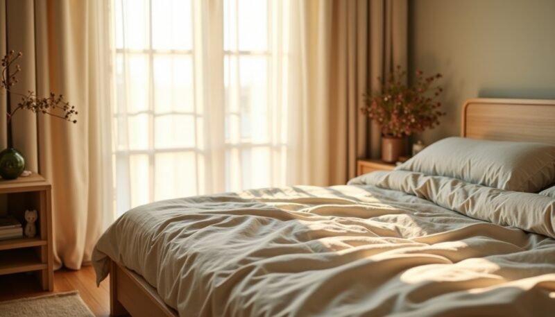 Une chambre baignée de soleil, avec un lit défait, une tête de lit en bois, des tables de chevet, des vases remplis de fleurs et de grandes fenêtres ornées de rideaux de couleur claire.