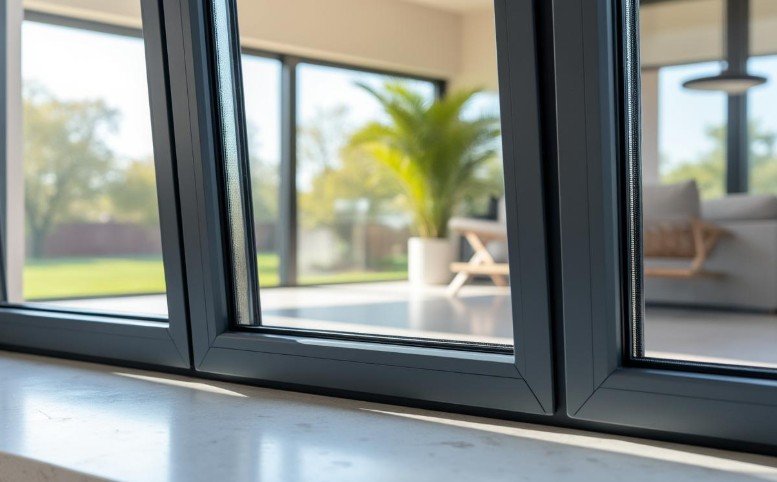 Gros plan sur une fenêtre moderne à cadre noir offrant une vue sur un salon lumineux, une plante d'intérieur et de grandes portes vitrées s'ouvrant sur une cour verdoyante.